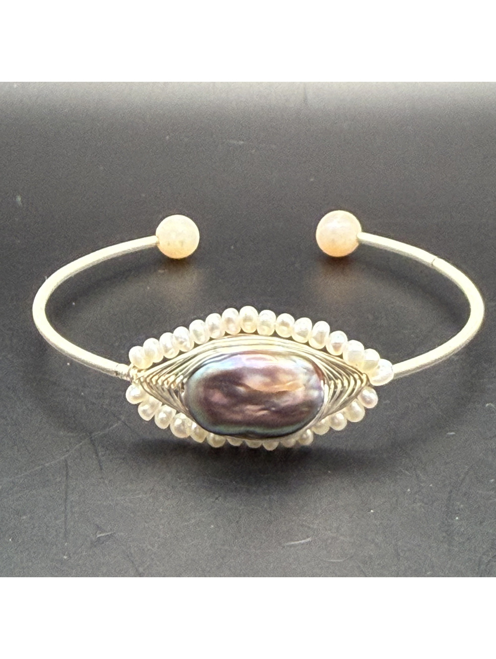 candy+clover wire wrapped purple baroque pearl halo silver tone cuff bracelet